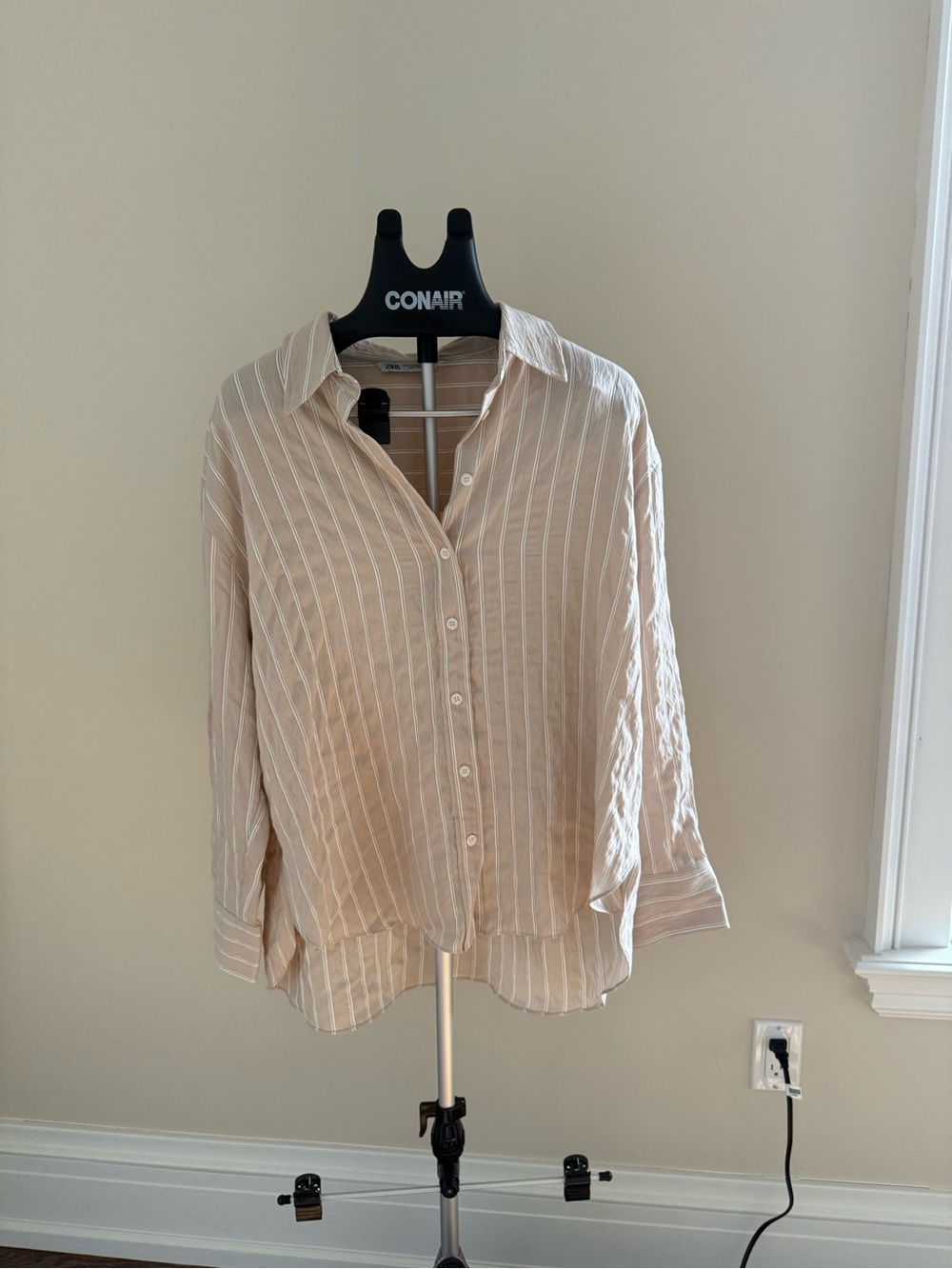 New ZARA Beige Striped linen Button-Up shirt